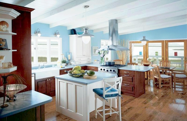 Wandfarbe kücheninsel bodenbelag holz Taubenblau hell blau