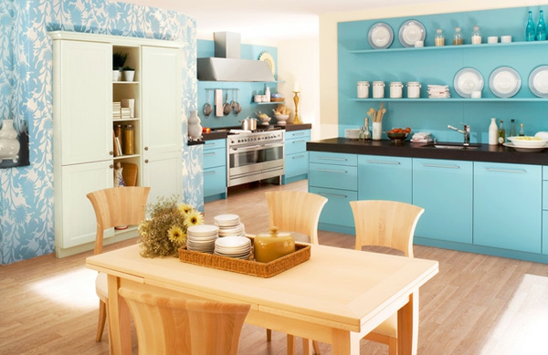 Wandfarbe Taubenblau kücheneinrichtung esszimmer
