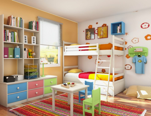 Kinderzimmer Idee bunt Dekoration zwei Betten 