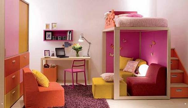 Kinderzimmer Idee bunt orange gelb rosa Stuhl 