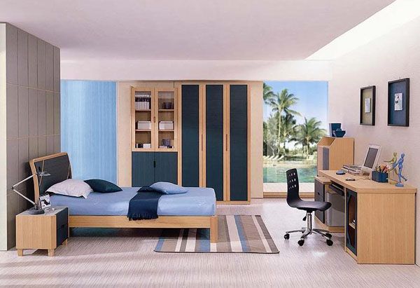 blau Bett Lampe Zimmer Jugendlicher Mann Teenager Design Regale Vorhang Fenster Palme Holz Teppich