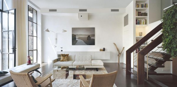 dynamisches Zweifamilienhaus Modernismus Treppen Bild Couch braun 