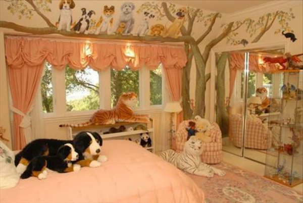 orange Kinderzimmer Tiere Hund Baum Vorhang