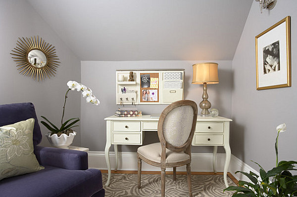 Bilder weiß Schreibtisch Stuhl lila Couch elegant