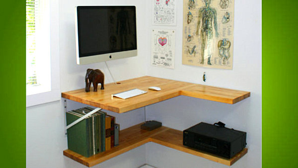 DIY Schreibtisch weiß Wand grün Regale Computer