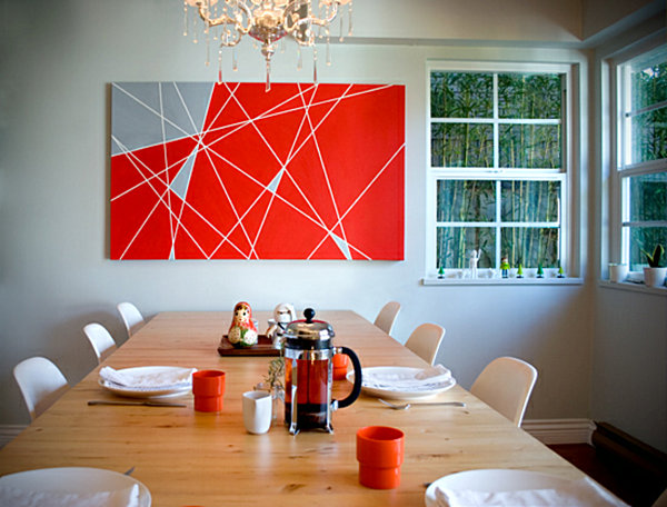 DIY  rote Wand Dekoration Esstisch Holz Linien