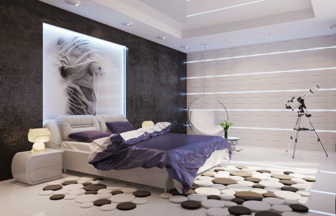 Ideen modern Schlafzimmer Möbel Teppich lila weiß 