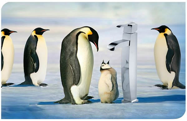 Tipp Wasserhahn mit Pinguin-Outfit