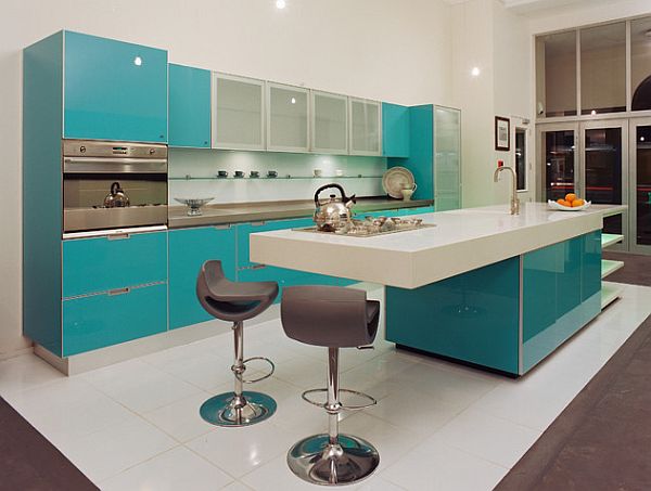blau Einrichtung Holz modern Küche