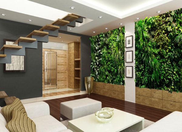  grüne living wall installationen weiße möbel lebendige wand