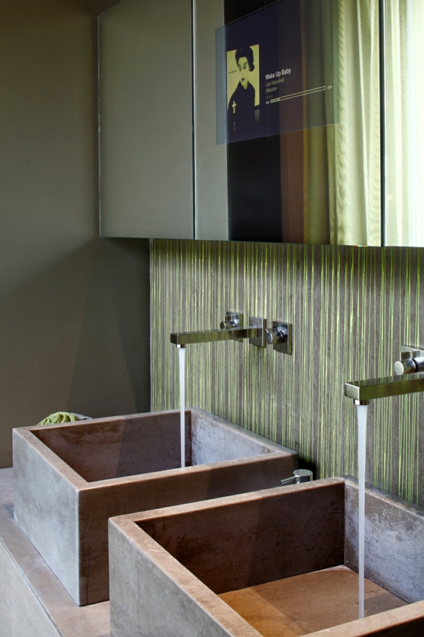 innovatives haus design stein waschbecken und grünen wand spiegel