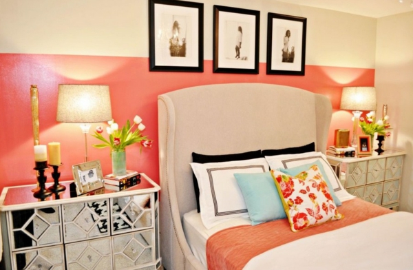 Interiors mit sommerlichen Farben orange bett nachttisch kissen