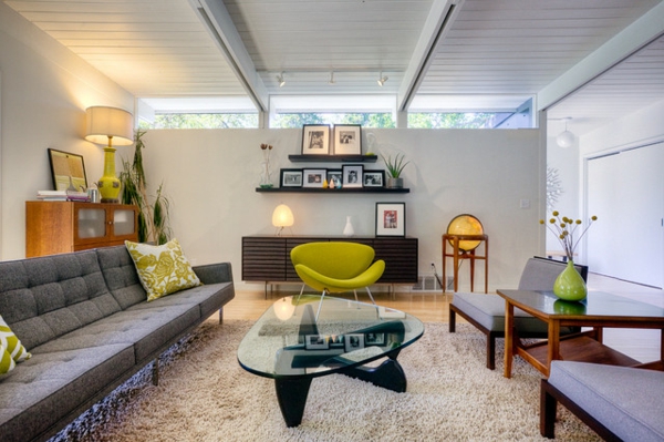 Midcentury modernes Design glastisch grau couch gelb sofa