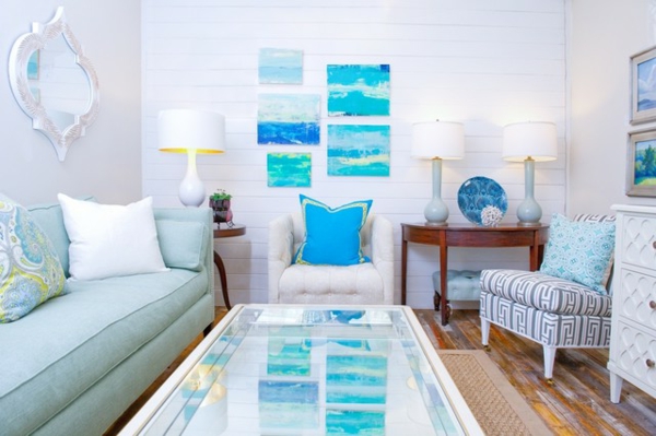 Vergrößern großen Wohnraum blau weiß tisch couch