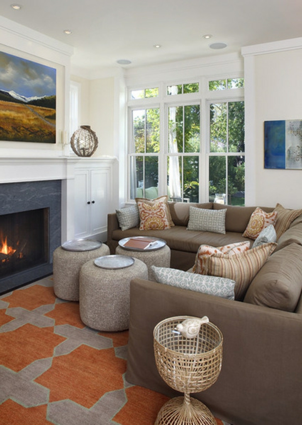 Vergrößern großen Wohnraum braun couch kamin teppich