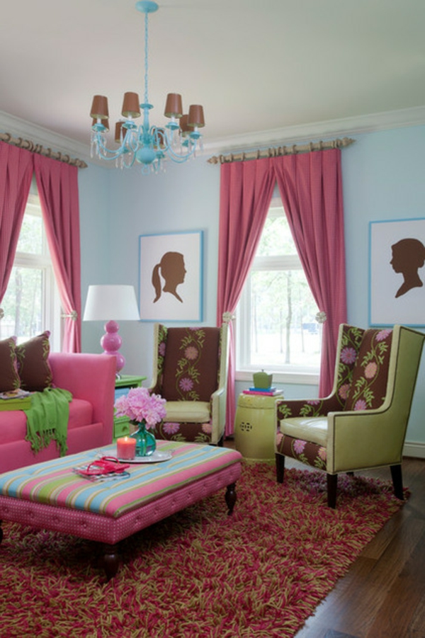 Vergrößern großen Wohnraum rosa vorhänge grün sofa tisch couch