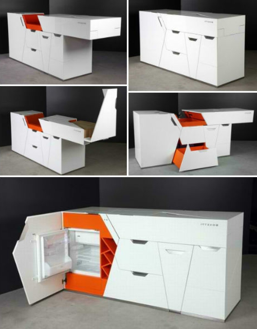 mobile modulare mini Küchen weiß orange kühlschrank