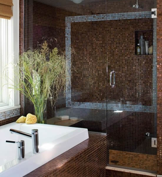 stilvolle badezimmer einrichtungen winzige mosaik fliesen glas zwischentüren