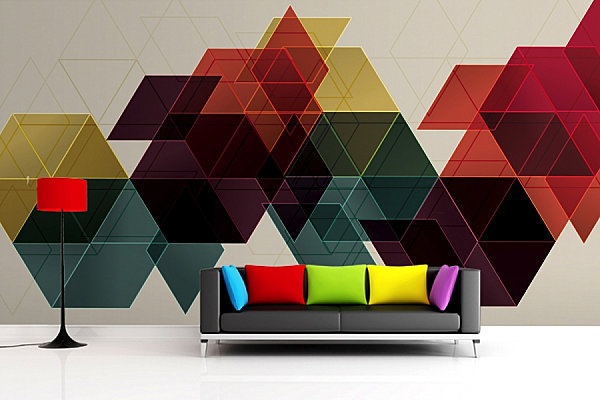 Auffallende Wandgemälde Ideen geometrisch bunt couch