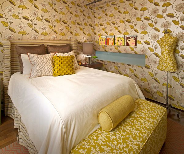 Bildgeschichten als Dekor bett schlafzimmer wandverkleidung gelb bettbank