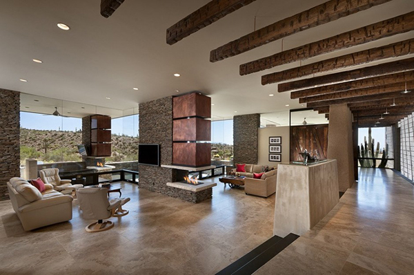 Haus Arizona geräumiges Interior weiß couch wohnzimmer fliesen steinmauern atemberaubend Patio
