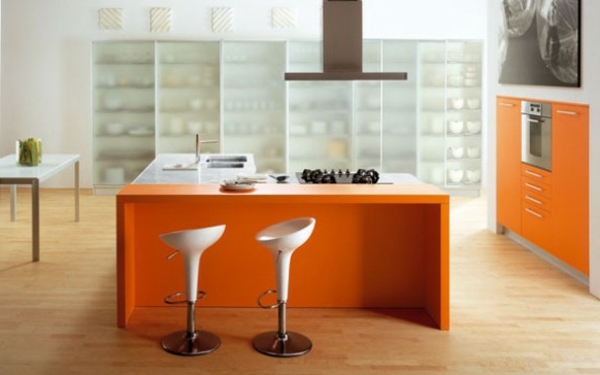 Küchen Designs in Orange kücheninsel barhocker regale