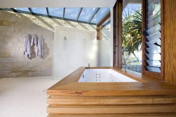 Luxus Residenz dramatische Ozean Blicke holz waschbecken badezimmer