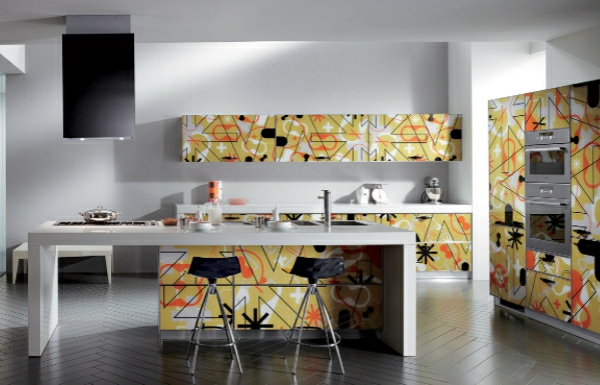 Tolle Dekorationsmotive küche kücheninsel gelb orange barhocker