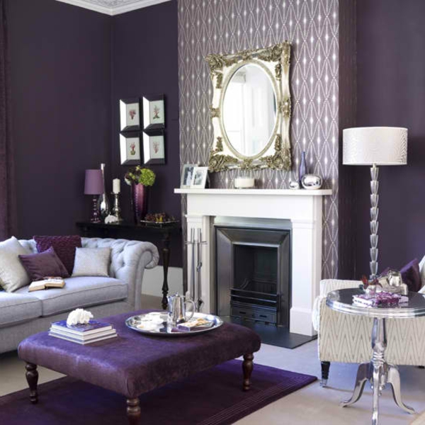 Wohnzimmer Designs Lila kaffeetisch couch kissen lampe kamin spiegel