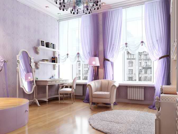 Wohnzimmer Designs Lila sofa weiß schreibtisch stuhl regale