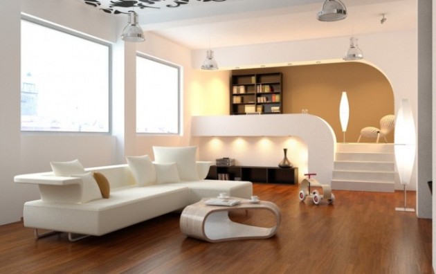atemberaubende minimalistische Wohnzimmer weiß couch tisch treppe