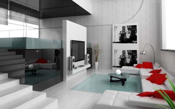 atemberaubende minimalistische Wohnzimmerdesigns weiß couch rot kissen