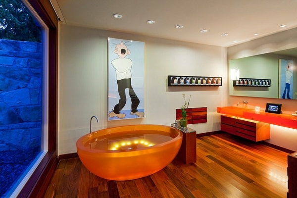 moderne elegante Residenz Texas badezimmer orange waschbecken