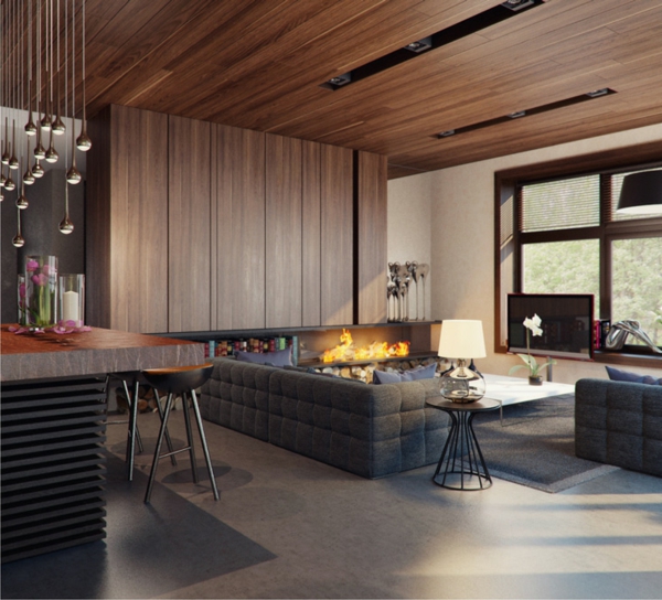prächtig modern Wohnzimmer Design kamin hocker grau couch holz