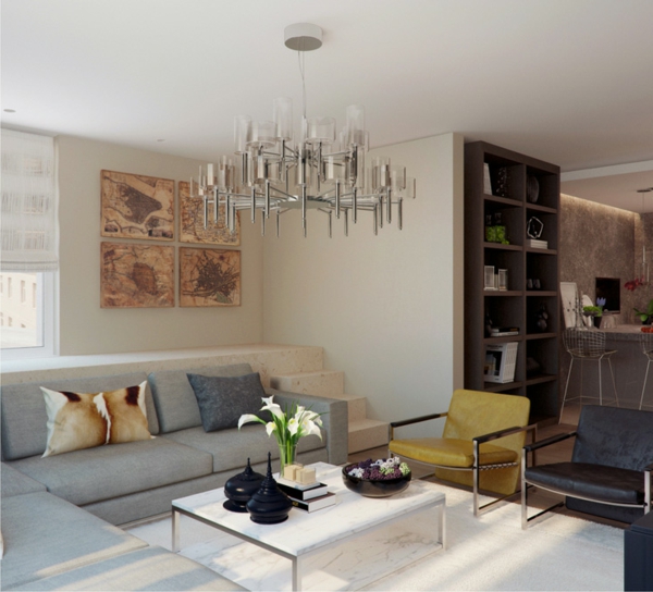 prächtig modern Wohnzimmer Design kronleuchter grau couch tisch stuhl