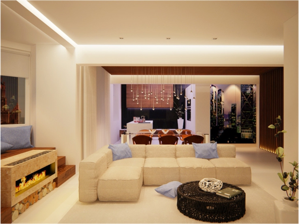 prächtig modern Wohnzimmer Designs weiß couch korbtisch feuerstelle