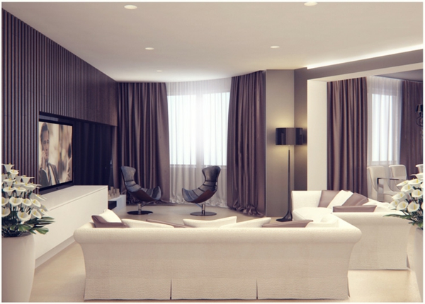 prächtig modern Wohnzimmer Design weiß lila vorhänge couch stuhl