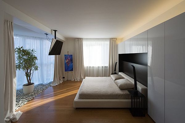 zeitgenössisches elegantes Apartment in Moskau schlafzimmer bett pflanze