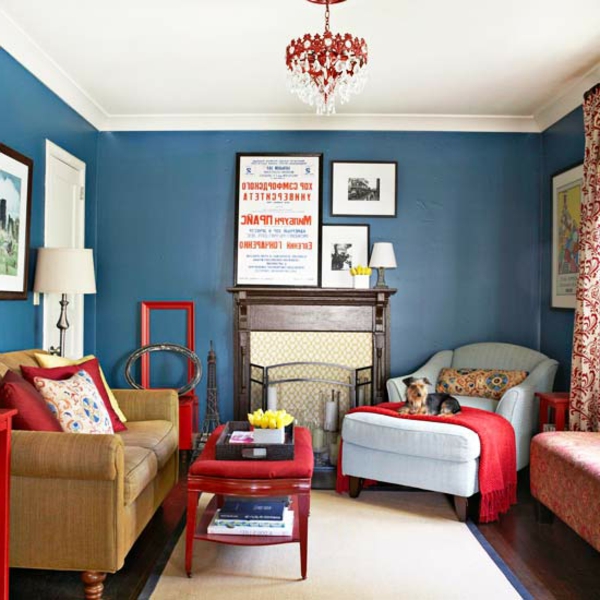 Auswahl Farbe blau wand couch kamin rot tisch sofa kronleuchter wohnzimmer