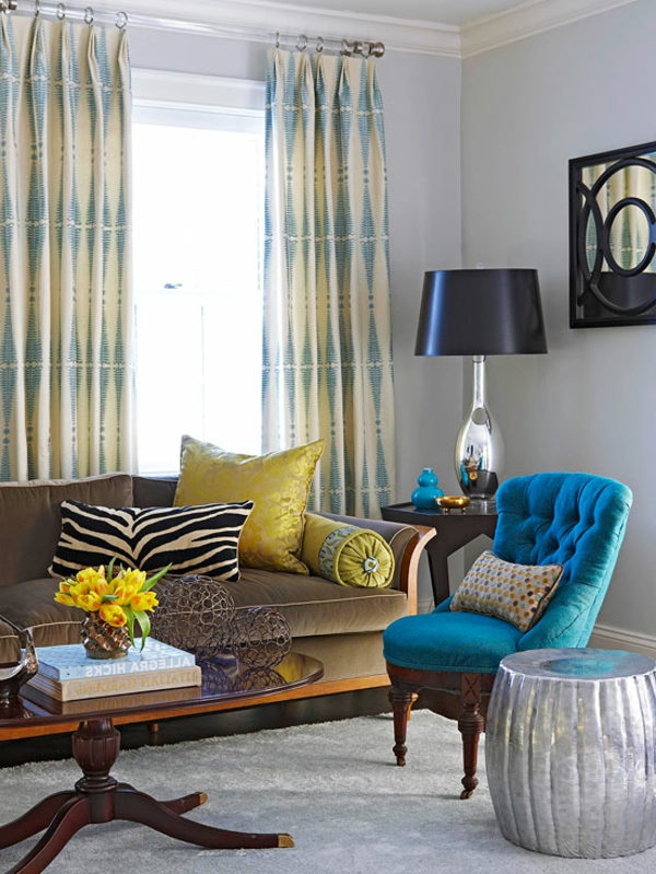 Auswahl Farbe braun couch kissen golden blau sofa lampe tisch wohnzimmer
