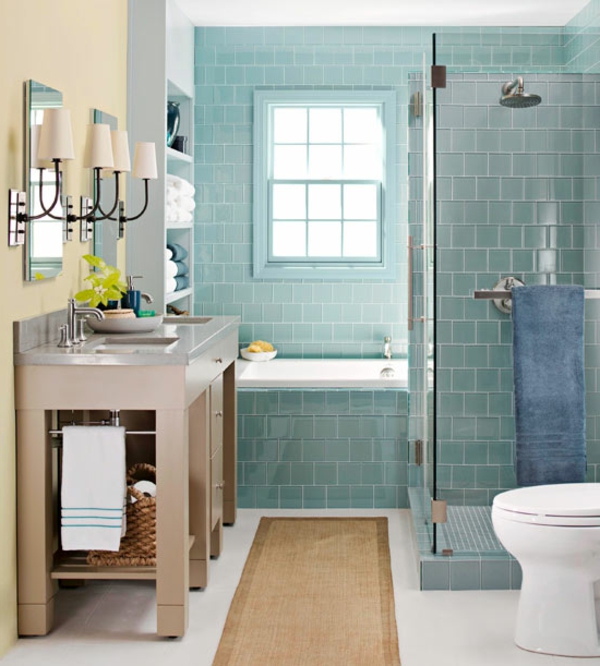Blaue Farbpalette badezimmer fliesen toilette wanne lampe waschbecken grün