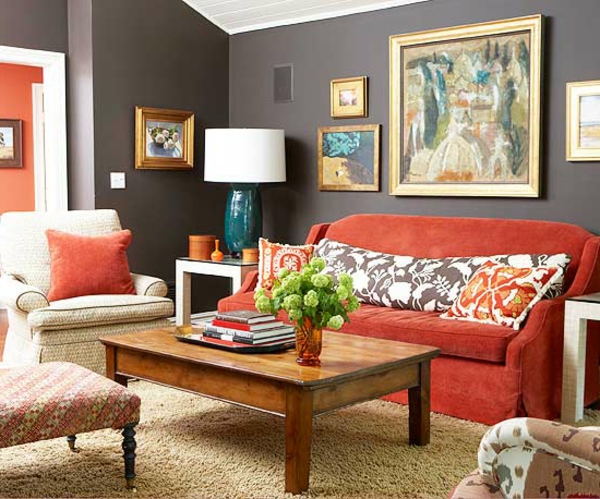 Interior Farben orange couch wohnzimmer holz tisch sofa lampe bild