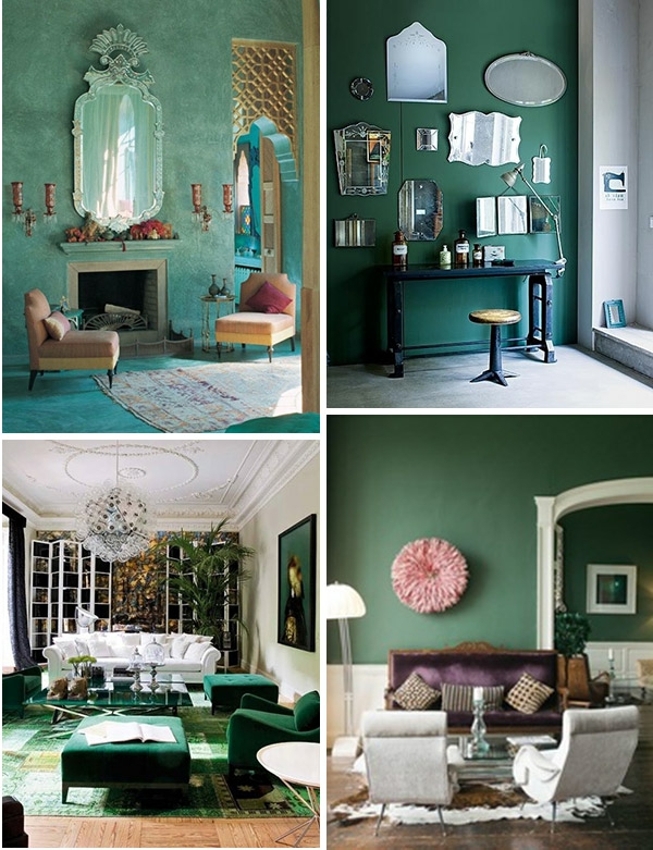 Interior Farben smaragdgrün kamin wohnzimmer spiegel