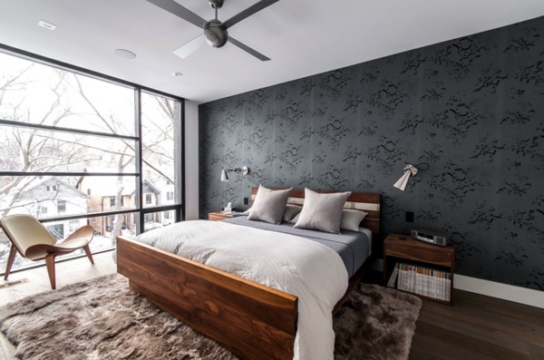 Männliches Schlafzimmer Design bett grau wandverkleidung