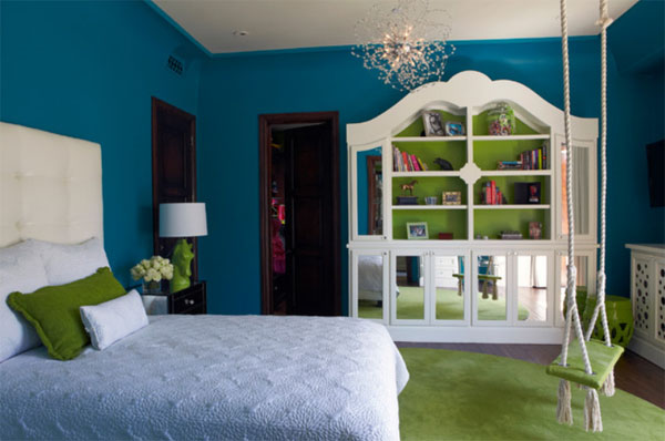 Schaukeln zu Hause bett schlafzimmer blau regale seil