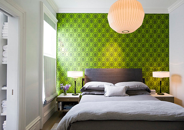 dekadentes Schlafzimmer grün wand leuchter bett lampe