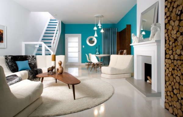 kleine Wohnzimmer Designs tisch blau kamin couch