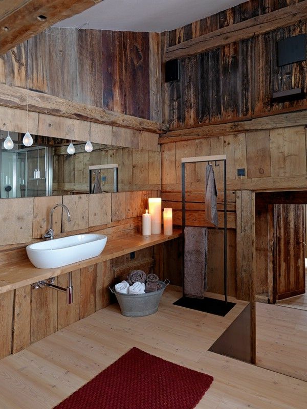rustikale Badezimmer holz waschbecken kerzen