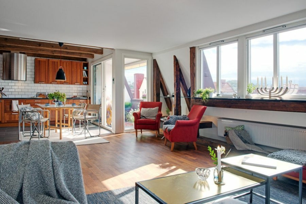 Apartment skandinavischen Stil rot sofa esstisch