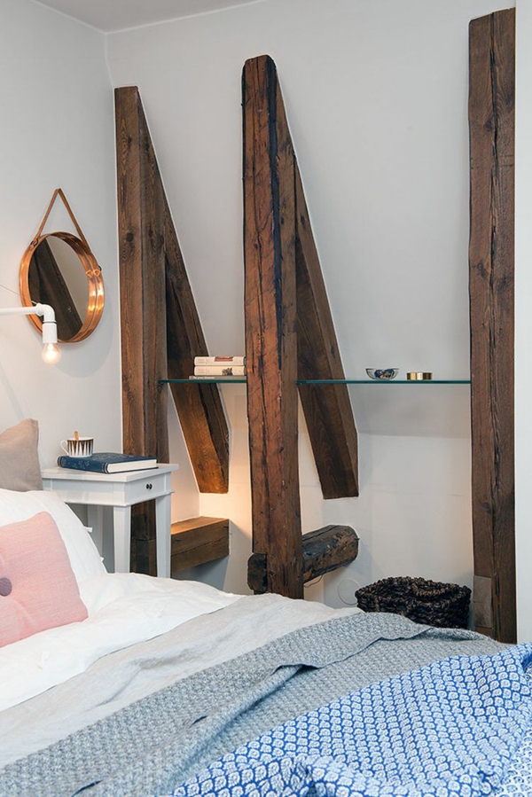 Apartment skandinavischen Stil schlafzimmer bett holzbalken